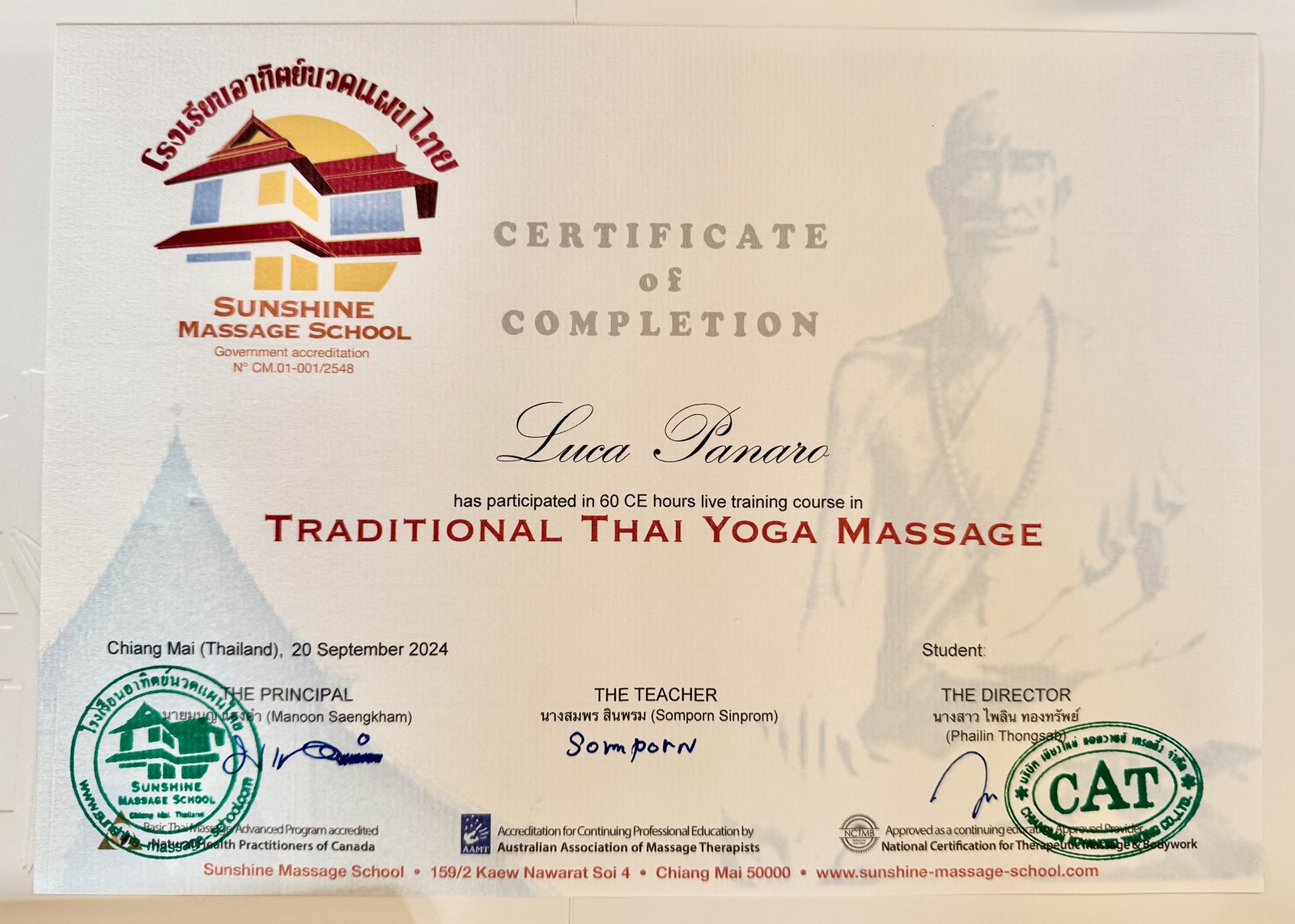 Certificate from Sunshine Massage School, October 2024